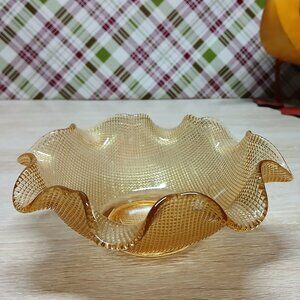 Vintage Amber Glass Ruffled Edge Crosshatch Grid Pressed Glass Decorative Bowl